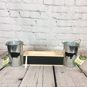 Lot of 3 Farmhouse Chic Decor 2 Galvanized Pails 1 Wood Box/Planter Chalkboard